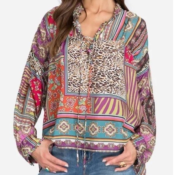NWT Johnny Was Patch Finn Multicolor V Neck Long Sleeve Silk Blouse Small - Picture 1 of 13